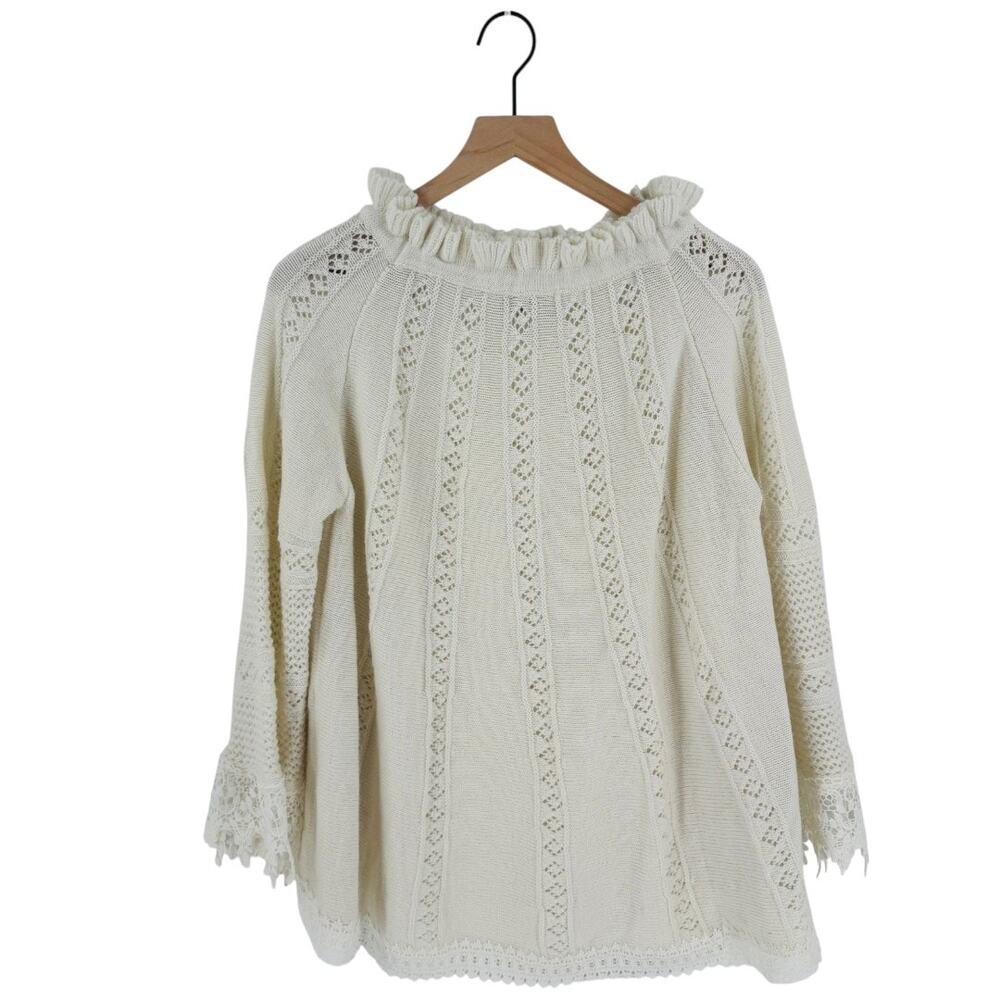 POL Ruffle Trim Rabbit Hair Wool Blend Sweater Beige Boho Cozy Size M Medium